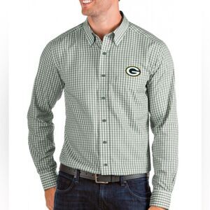 Mens Antigua Green Bay Packers Structure Button Down Green Dress Shirt Large